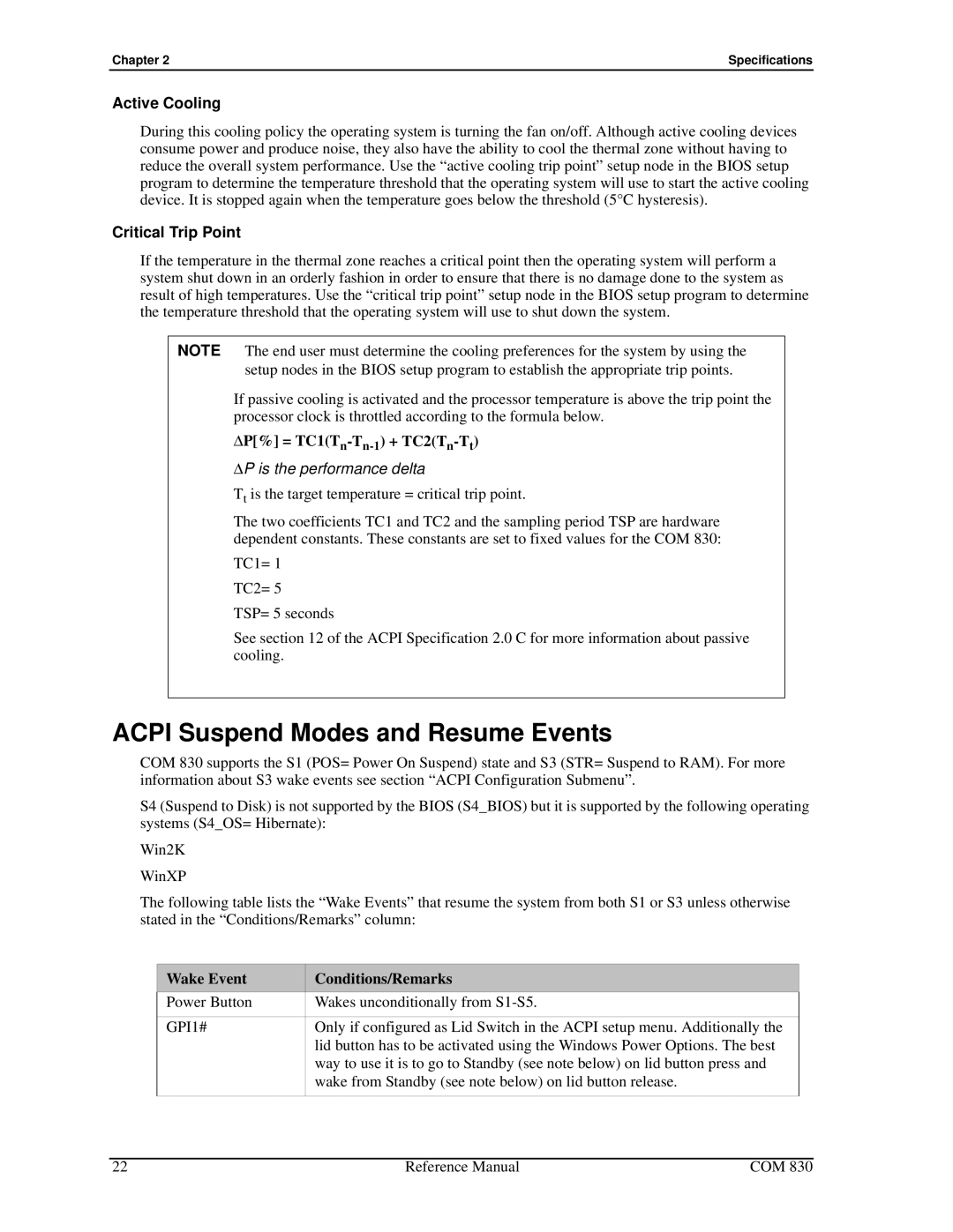 Ampro Corporation COM 830 manual Acpi Suspend Modes and Resume Events, Active Cooling, Critical Trip Point 