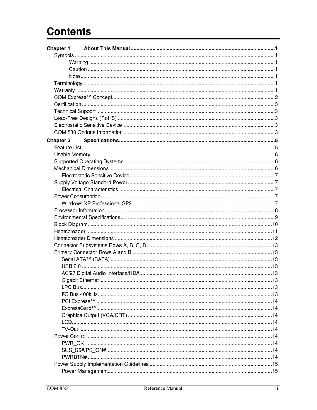 Ampro Corporation COM 830 manual Contents 