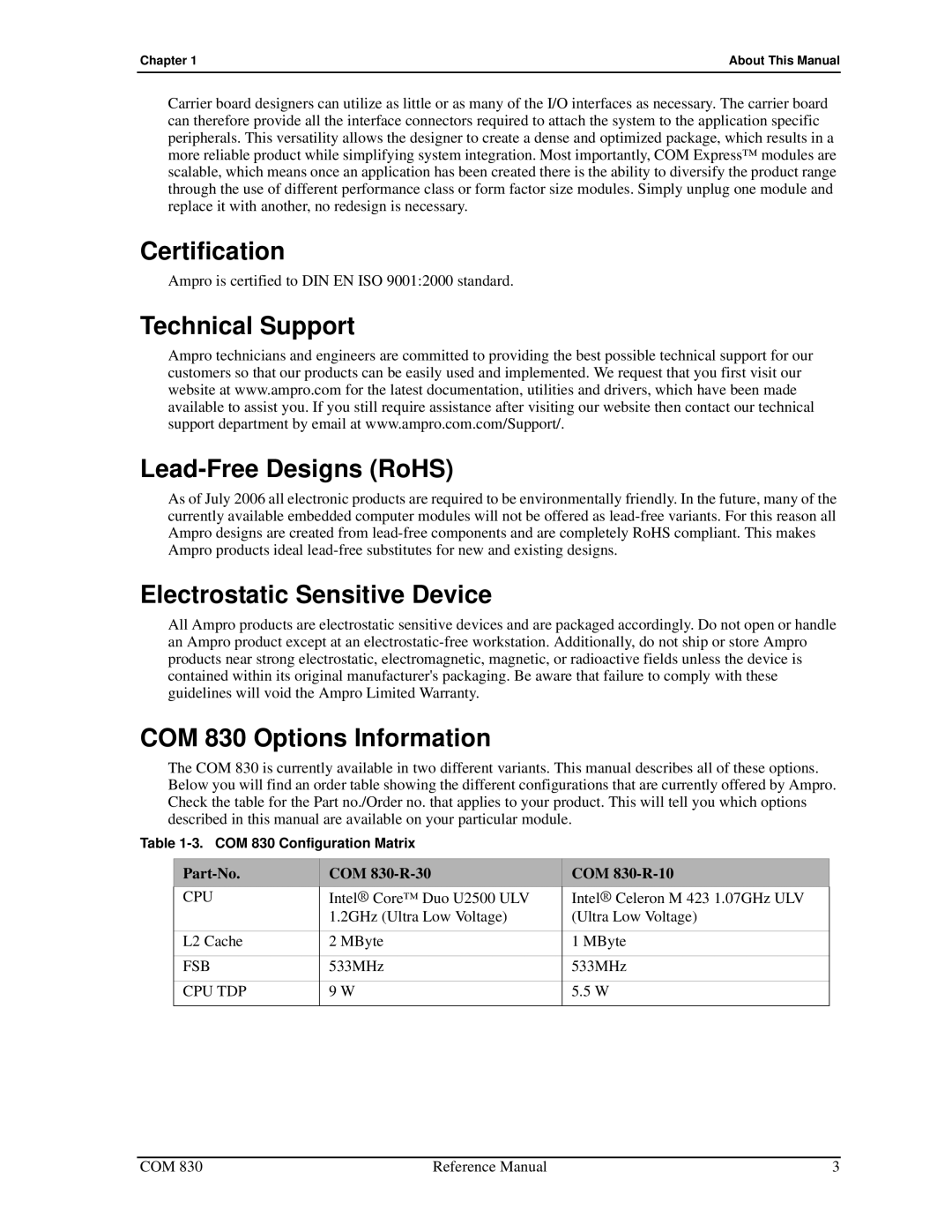 Ampro Corporation COM 830 manual Certification, Technical Support Lead-Free Designs RoHS, Electrostatic Sensitive Device 