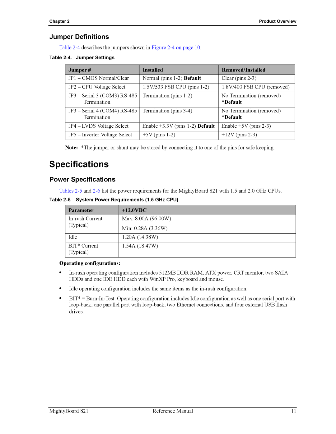 Ampro Corporation MightyBoard 821 manual Jumper Definitions, Power Specifications 