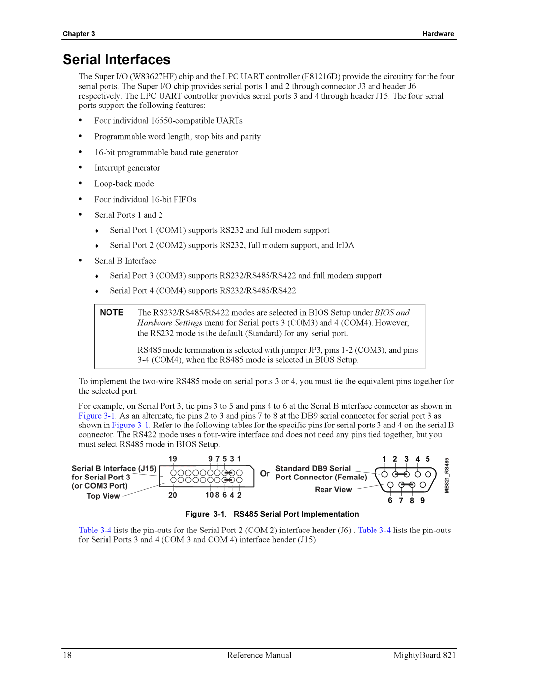 Ampro Corporation MightyBoard 821 manual Serial Interfaces, RS485 Serial Port Implementation 