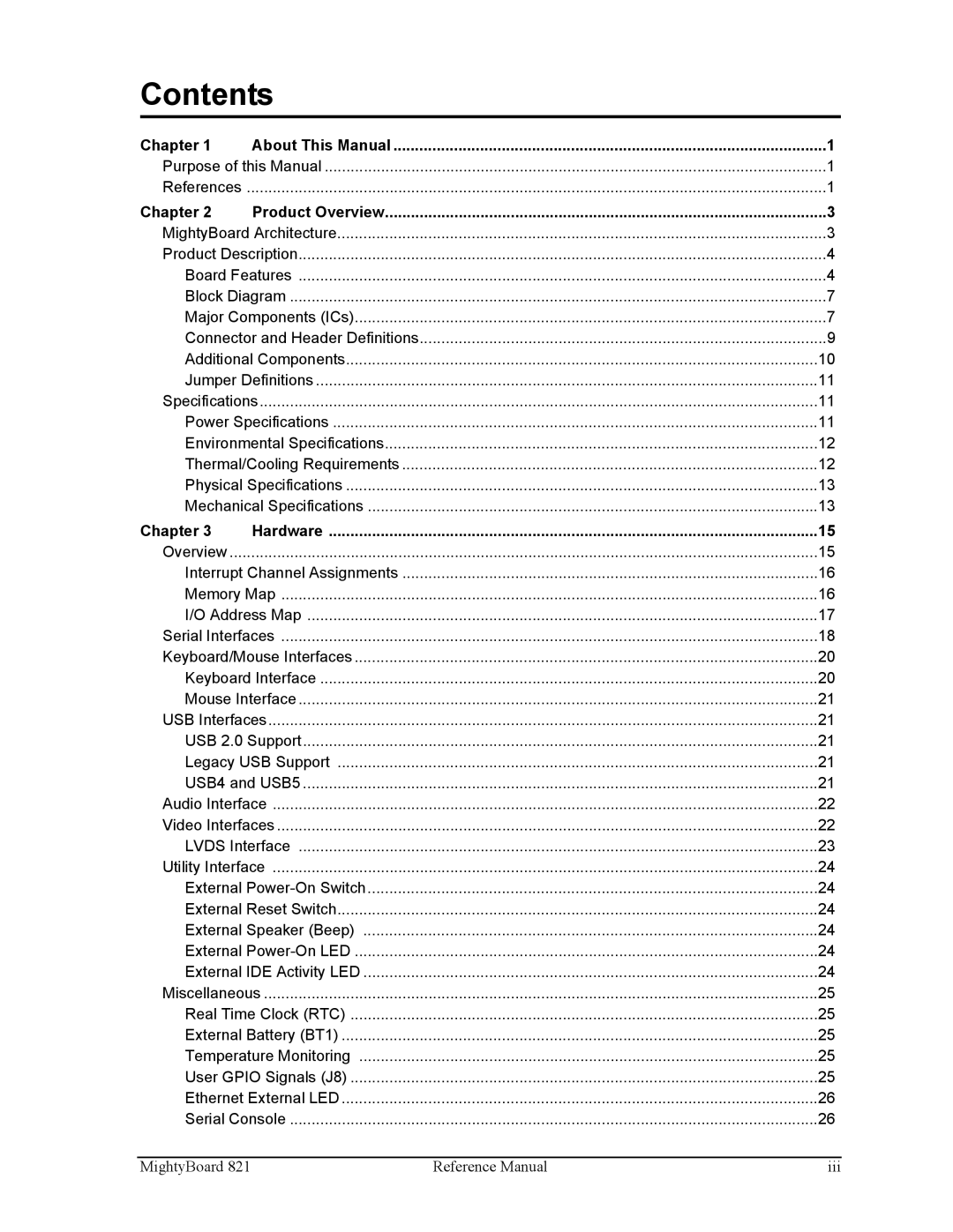 Ampro Corporation MightyBoard 821 manual Contents 