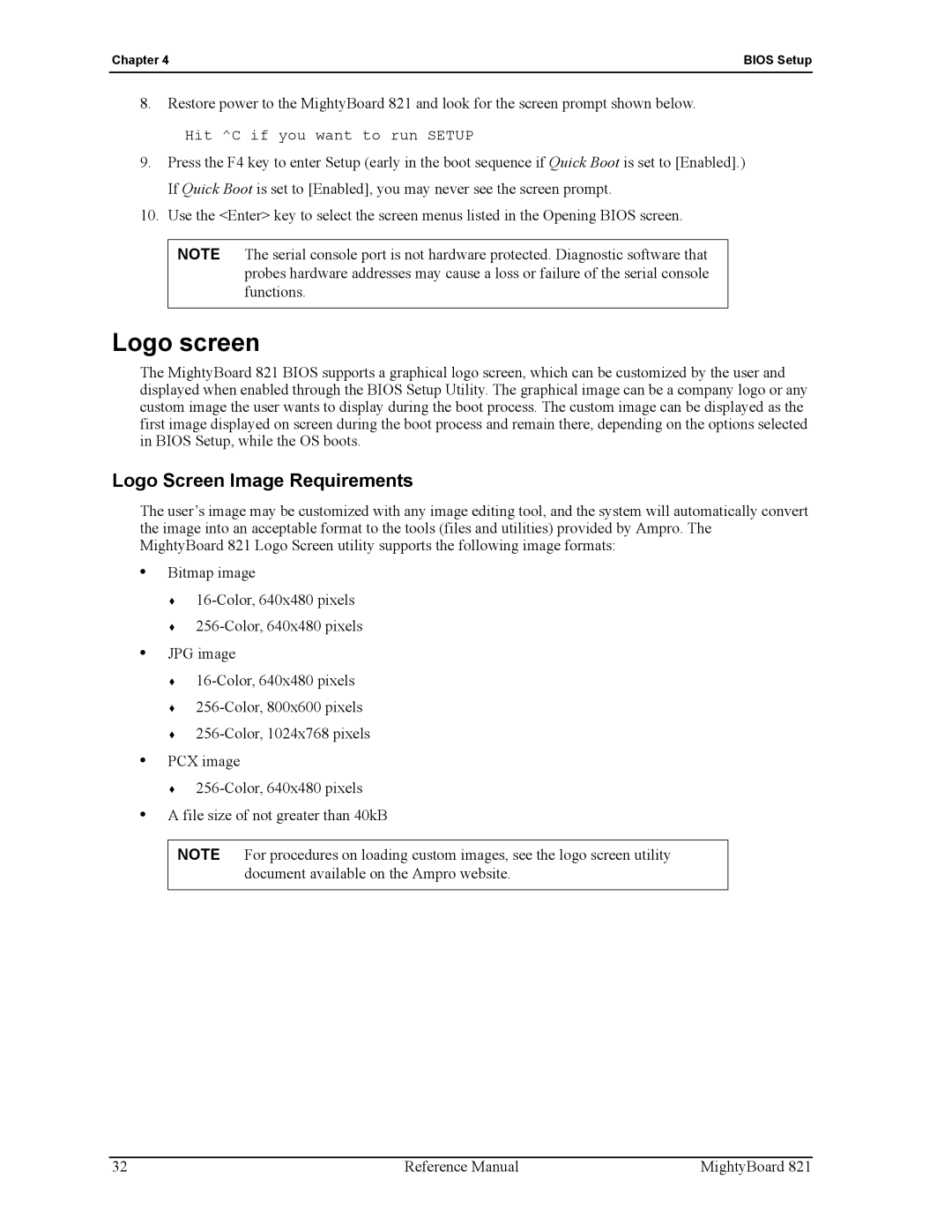 Ampro Corporation MightyBoard 821 manual Logo screen, Logo Screen Image Requirements 