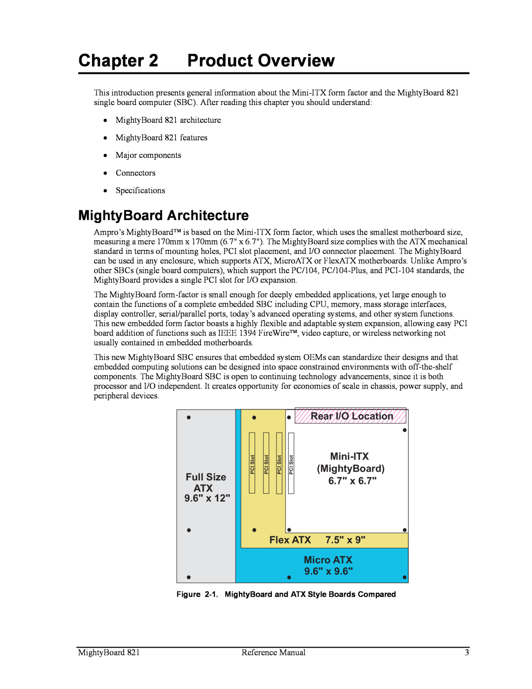 Ampro Corporation MightyBoard 821 manual Product Overview, MightyBoard Architecture, Full Size ATX 9.6 x, Rear I/O Location 