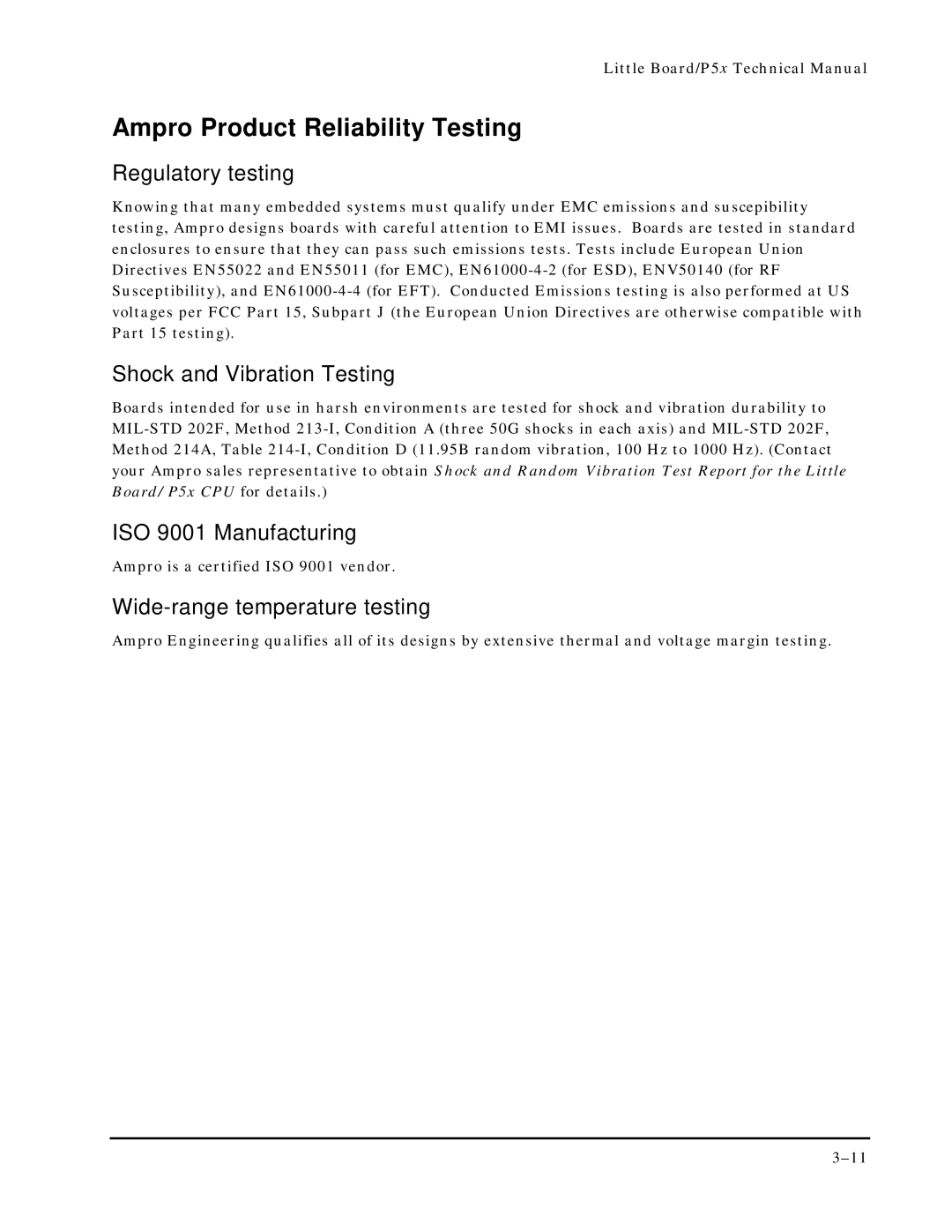 Ampro Corporation P5X manual Ampro Product Reliability Testing, Regulatory testing, Shock and Vibration Testing 