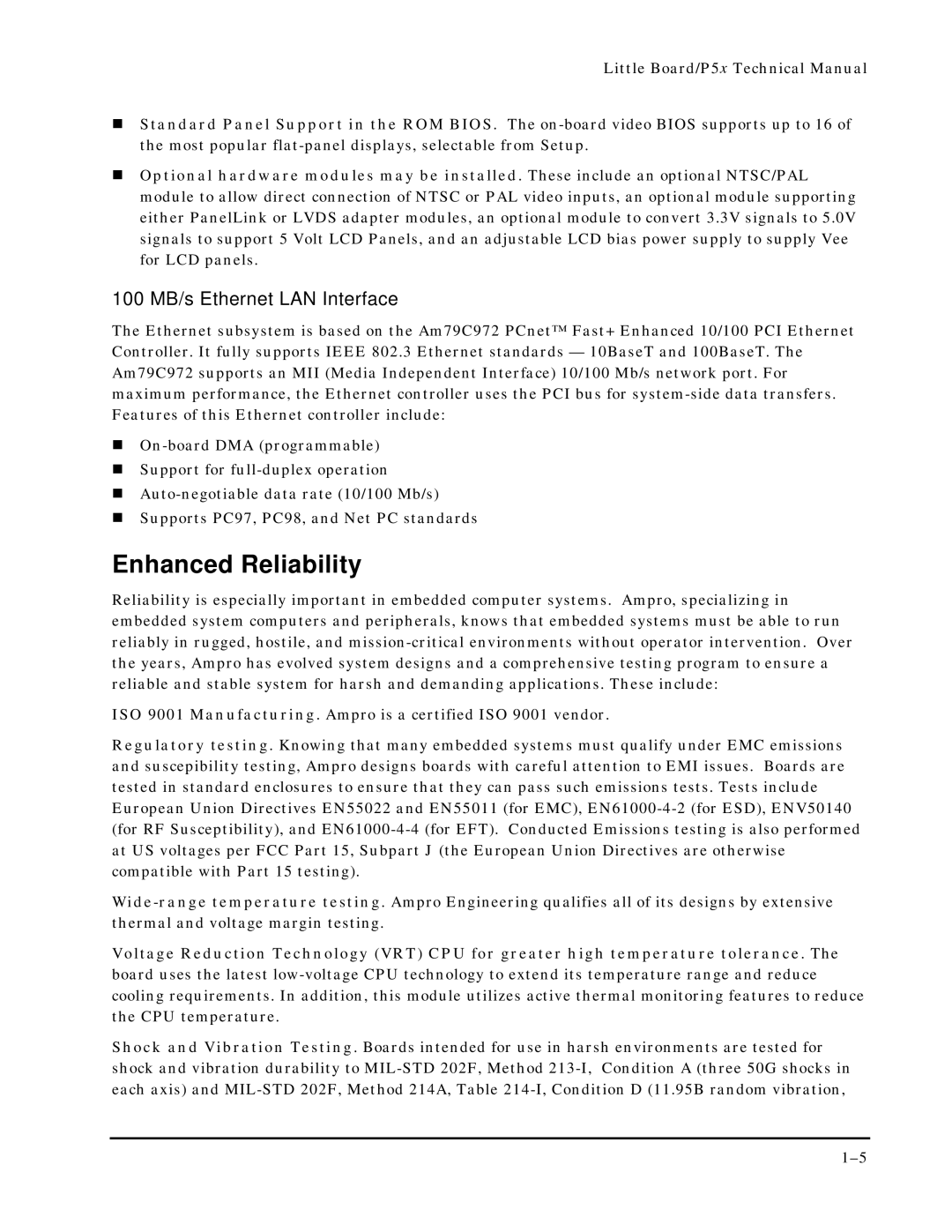 Ampro Corporation P5X manual Enhanced Reliability, 100 MB/s Ethernet LAN Interface 