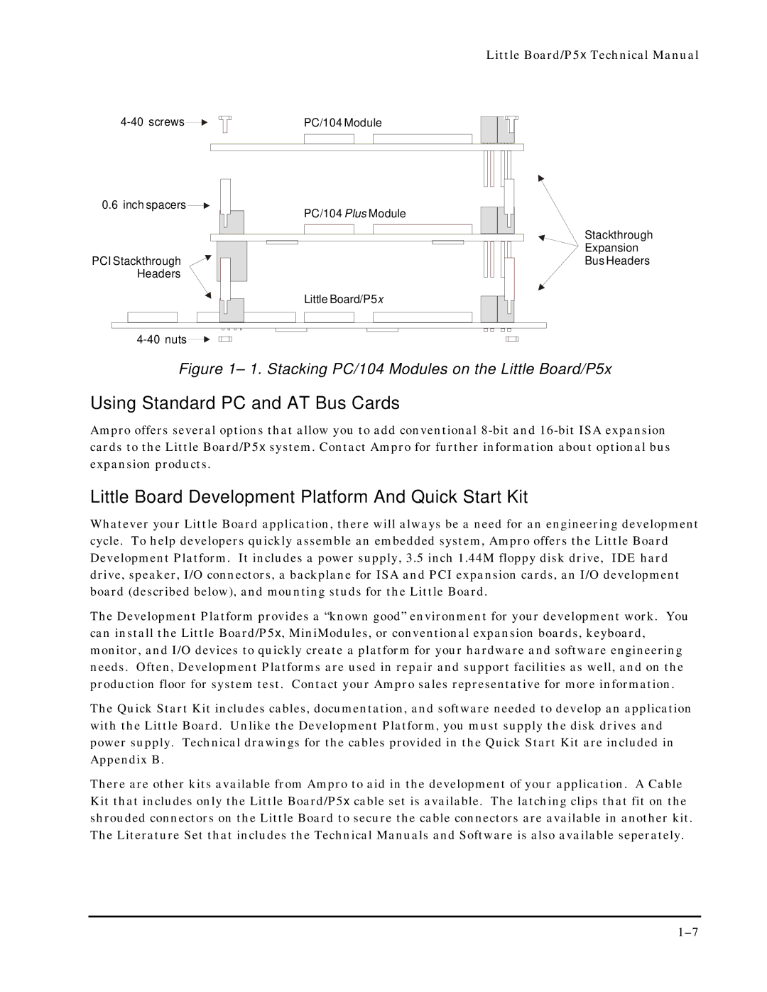 Ampro Corporation P5X manual Using Standard PC and AT Bus Cards, Little Board Development Platform And Quick Start Kit 