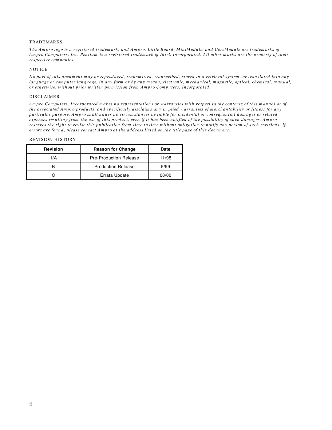 Ampro Corporation P5X manual Revision Reason for Change Date 