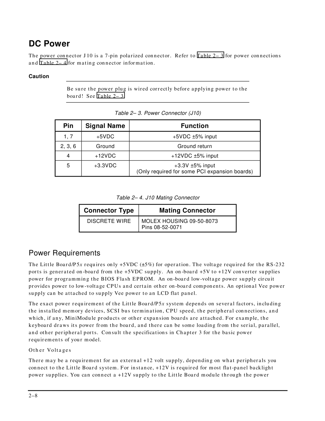 Ampro Corporation P5X manual DC Power, Power Requirements, Pin Signal Name Function, Connector Type Mating Connector 