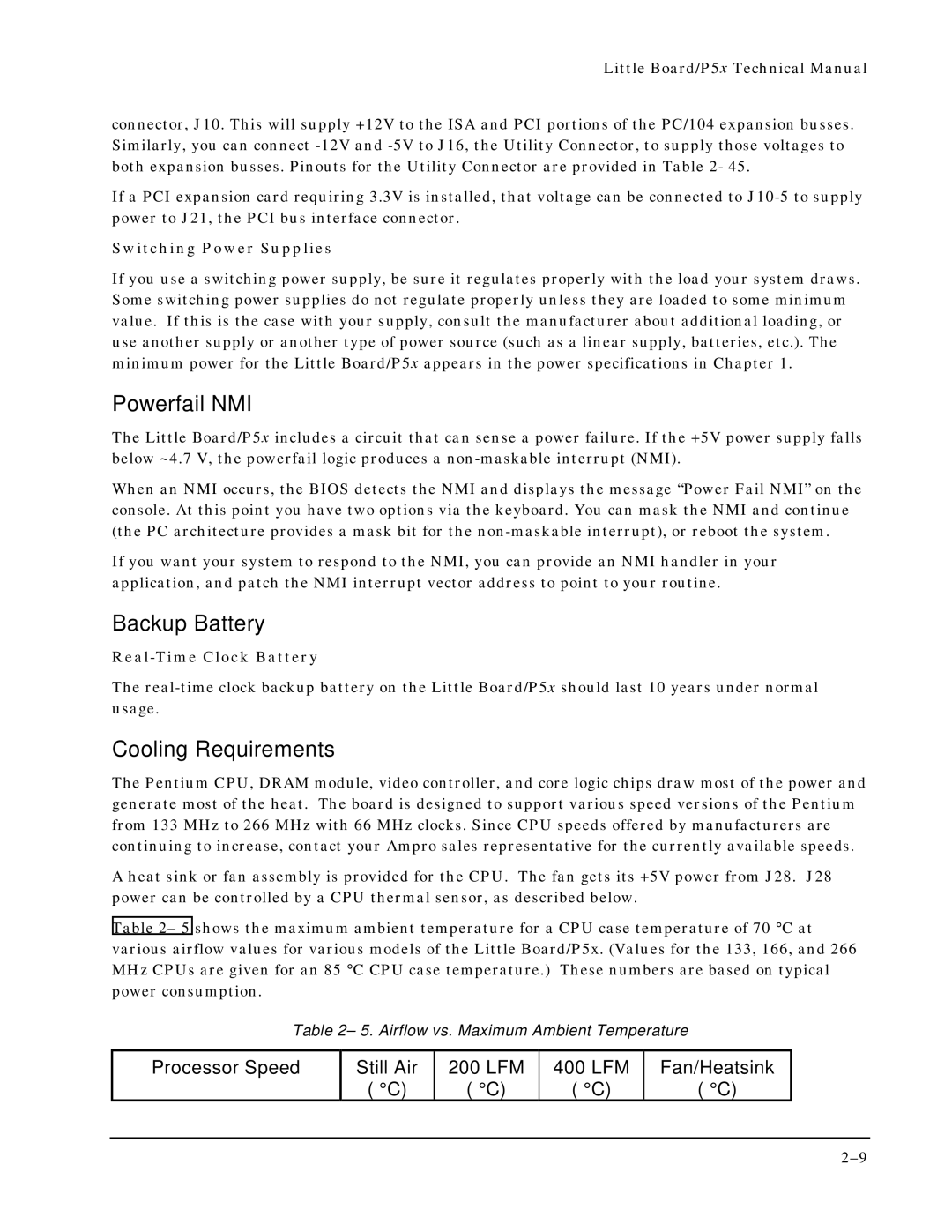 Ampro Corporation P5X manual Powerfail NMI, Backup Battery, Cooling Requirements 