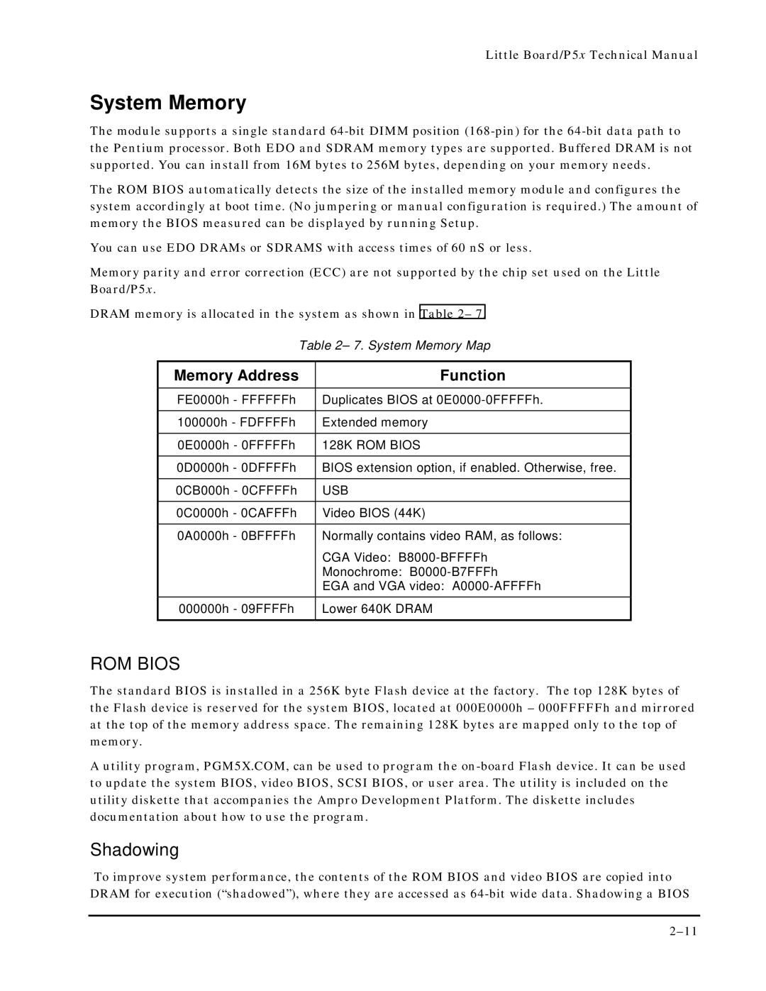 Ampro Corporation P5X manual System Memory, Shadowing, Memory Address Function 