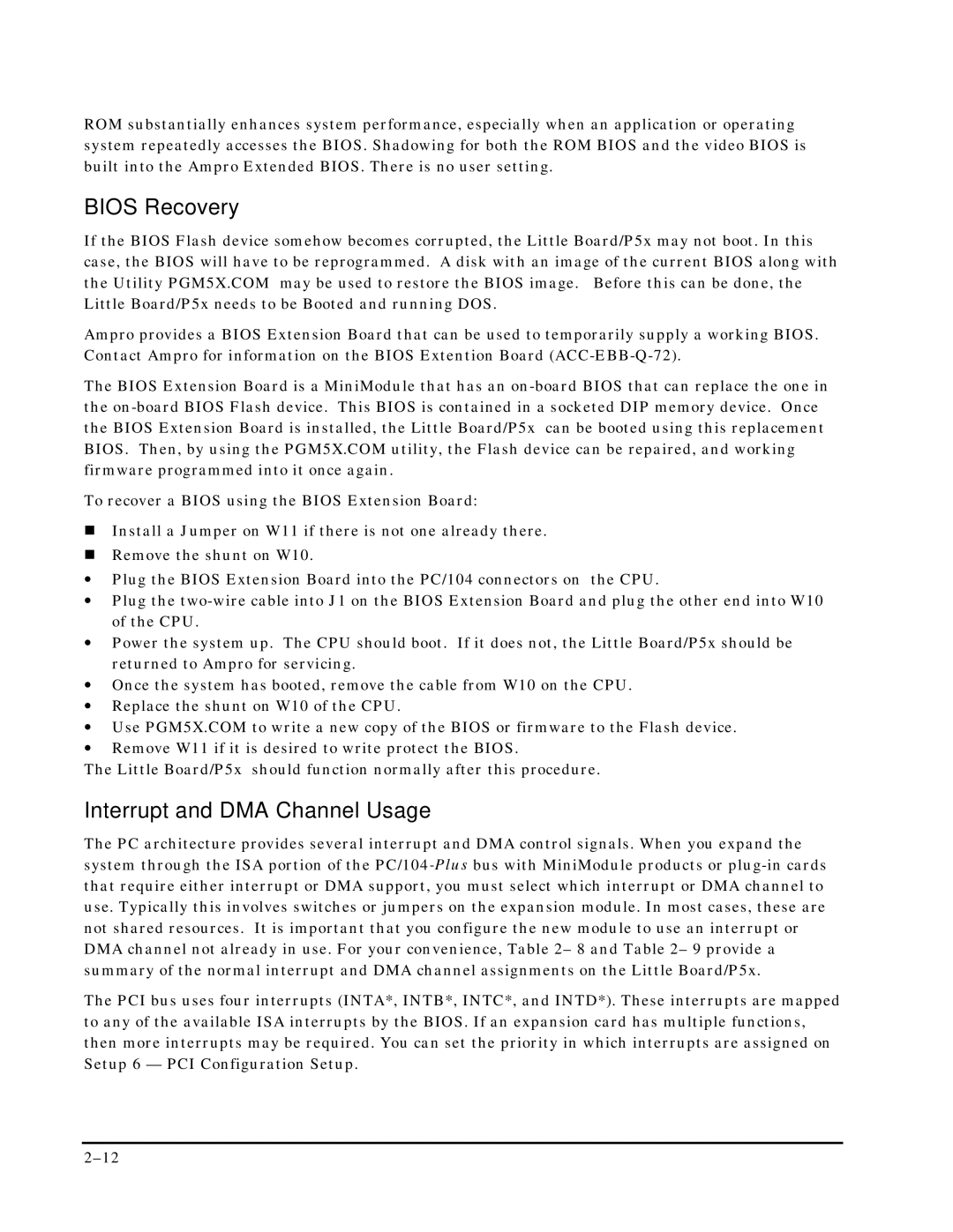 Ampro Corporation P5X manual Bios Recovery, Interrupt and DMA Channel Usage 