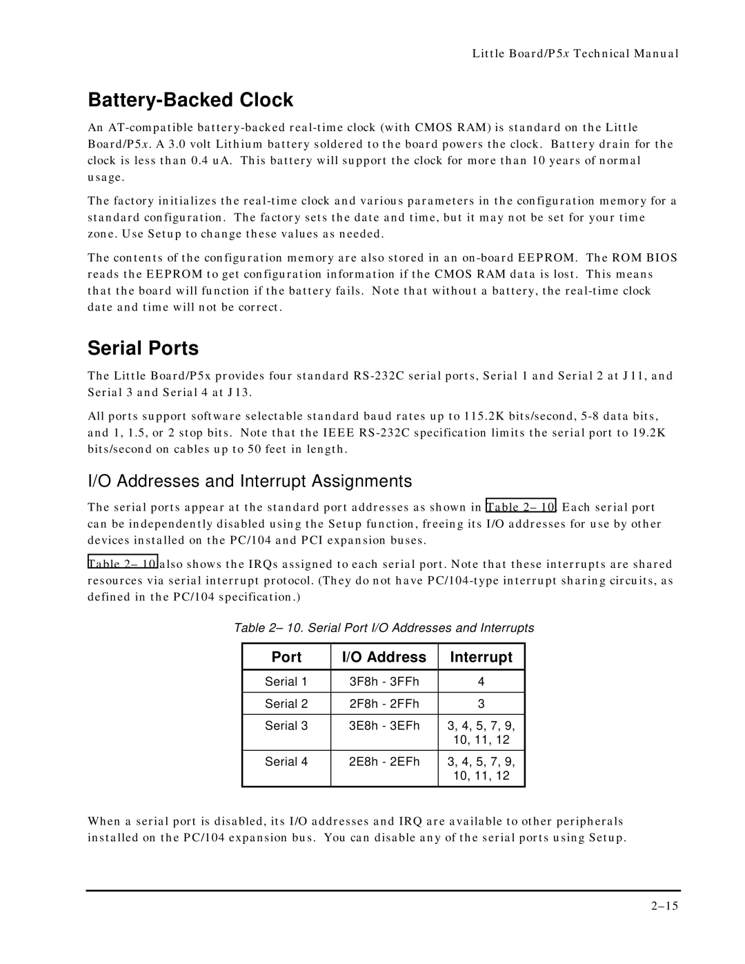 Ampro Corporation P5X Battery-Backed Clock, Serial Ports, Addresses and Interrupt Assignments, Port Address Interrupt 