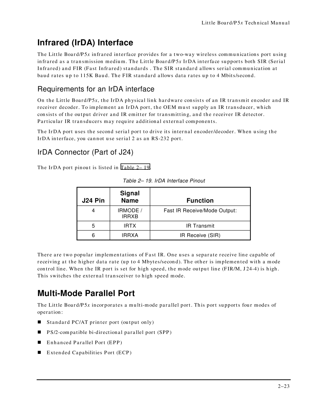 Ampro Corporation P5X manual Infrared IrDA Interface, Multi-Mode Parallel Port, Requirements for an IrDA interface 