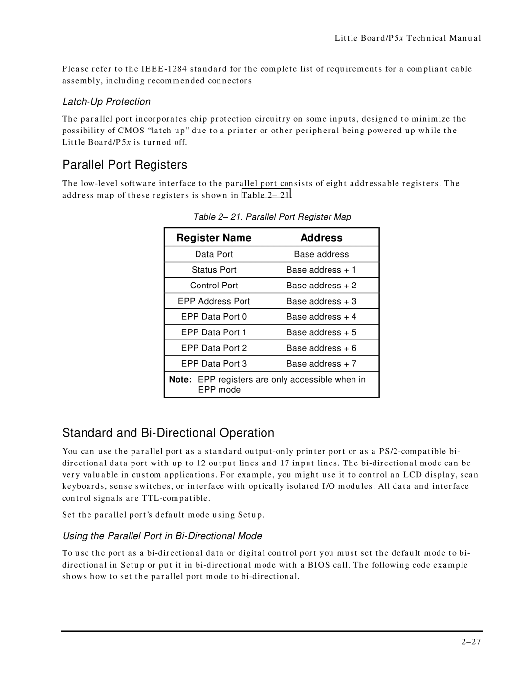 Ampro Corporation P5X manual Parallel Port Registers, Standard and Bi-Directional Operation, Register Name Address 