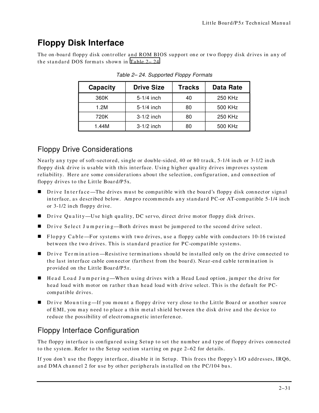 Ampro Corporation P5X manual Floppy Disk Interface, Floppy Drive Considerations, Floppy Interface Configuration 