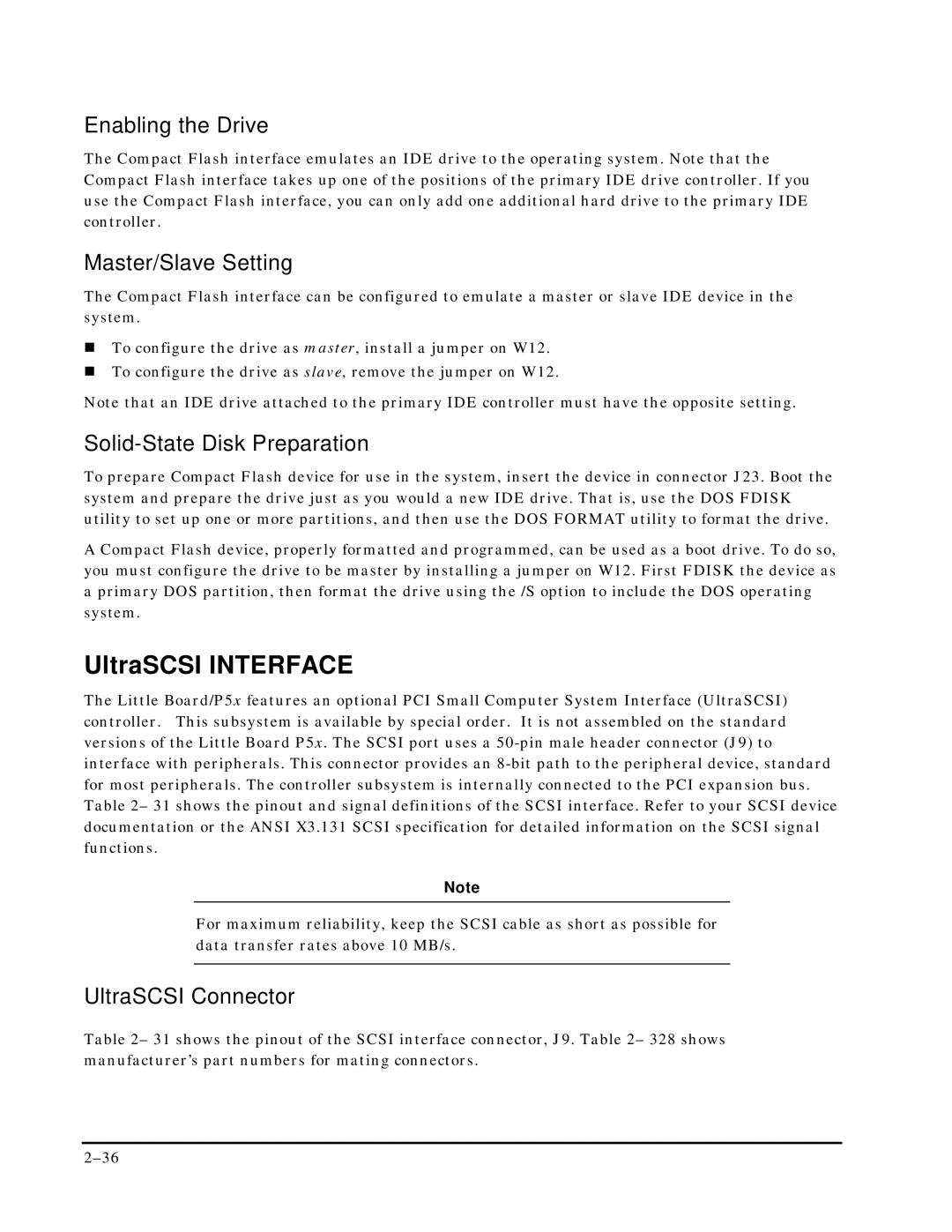 Ampro Corporation P5X manual UltraSCSI Interface, Enabling the Drive, Master/Slave Setting, Solid-State Disk Preparation 