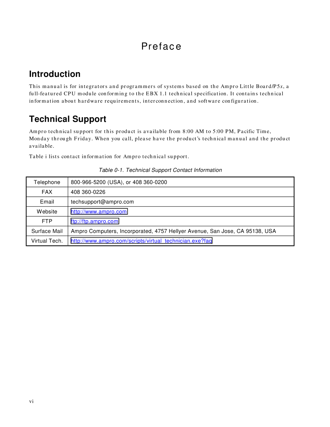 Ampro Corporation P5X manual Introduction, Technical Support 