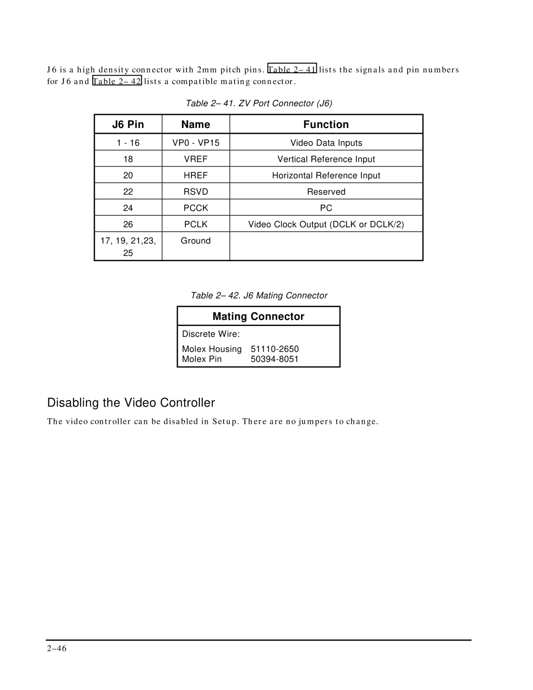 Ampro Corporation P5X manual Disabling the Video Controller, J6 Pin Name Function 