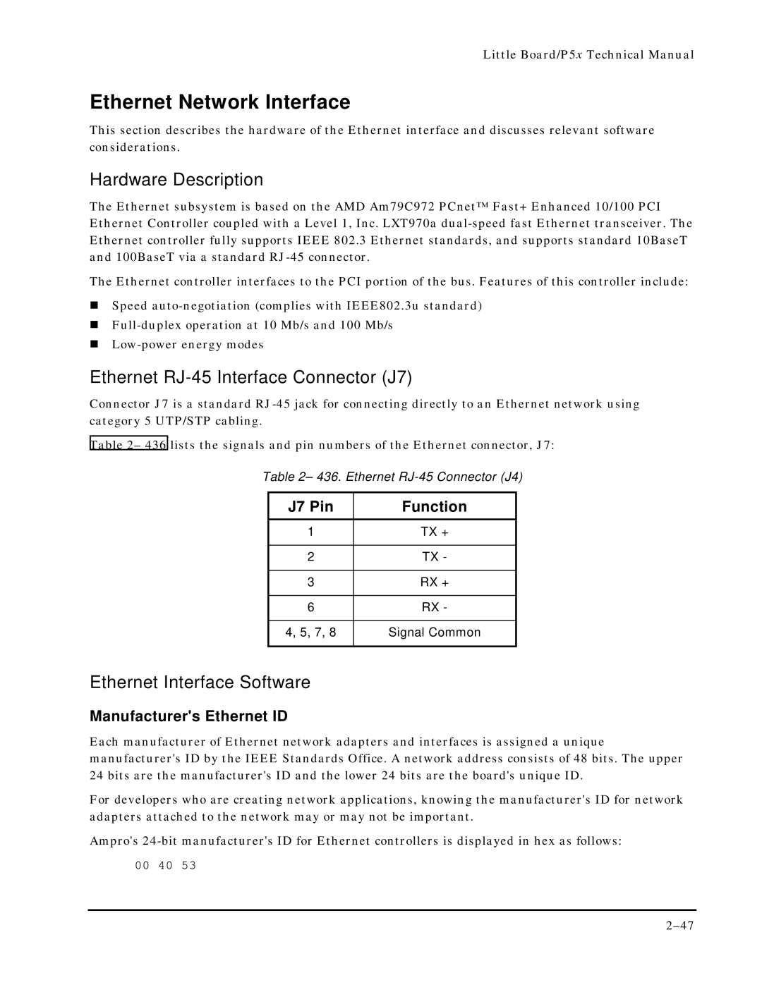 Ampro Corporation P5X manual Ethernet Network Interface, Hardware Description, Ethernet RJ-45 Interface Connector J7 