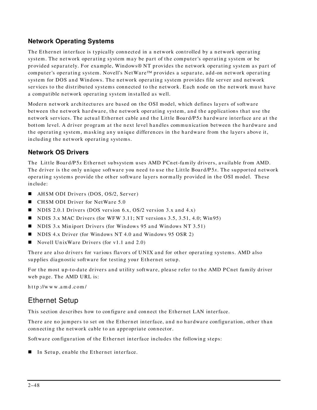 Ampro Corporation P5X manual Ethernet Setup, Network Operating Systems, Network OS Drivers 