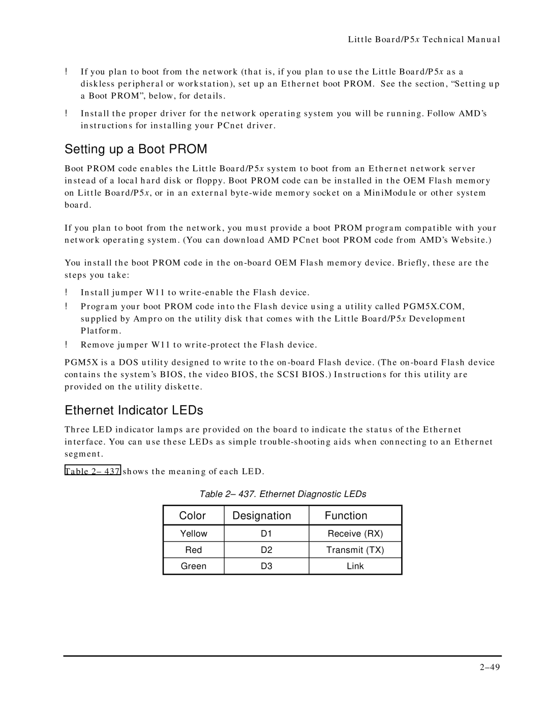Ampro Corporation P5X manual Setting up a Boot Prom, Ethernet Indicator LEDs, Color Designation Function 