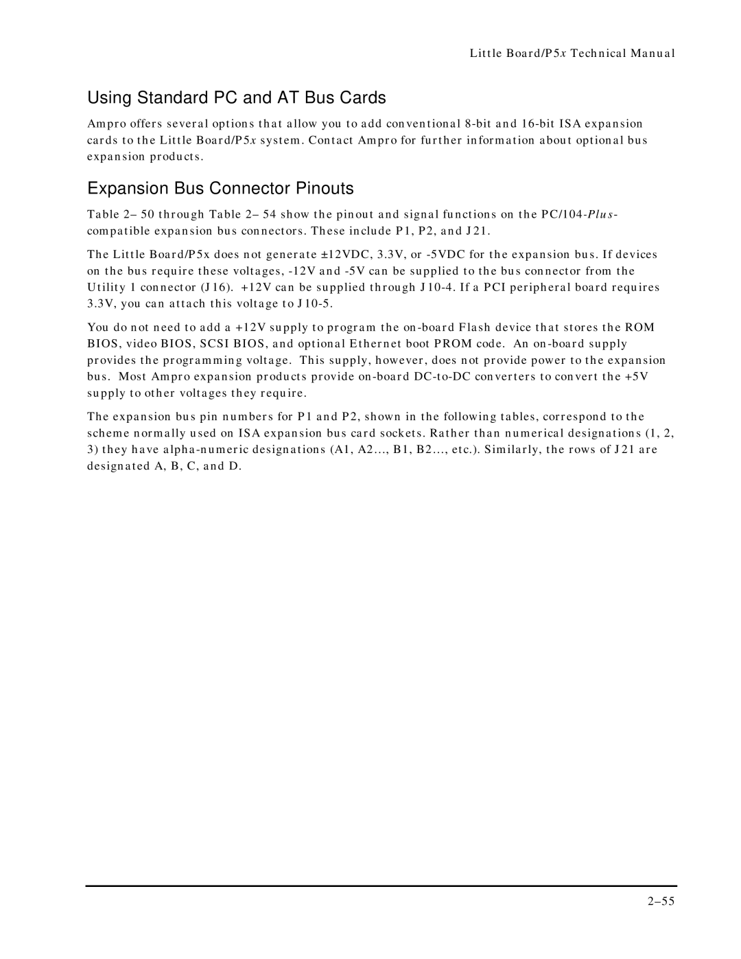 Ampro Corporation P5X manual Using Standard PC and AT Bus Cards, Expansion Bus Connector Pinouts 