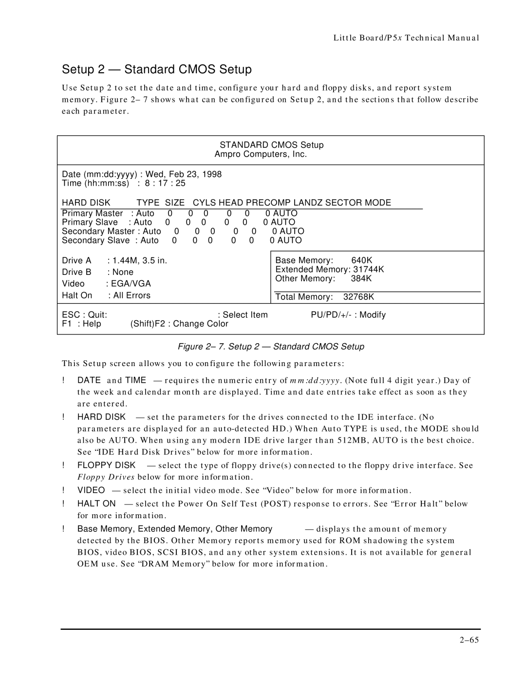 Ampro Corporation P5X manual Setup 2 Standard Cmos Setup, Esc 