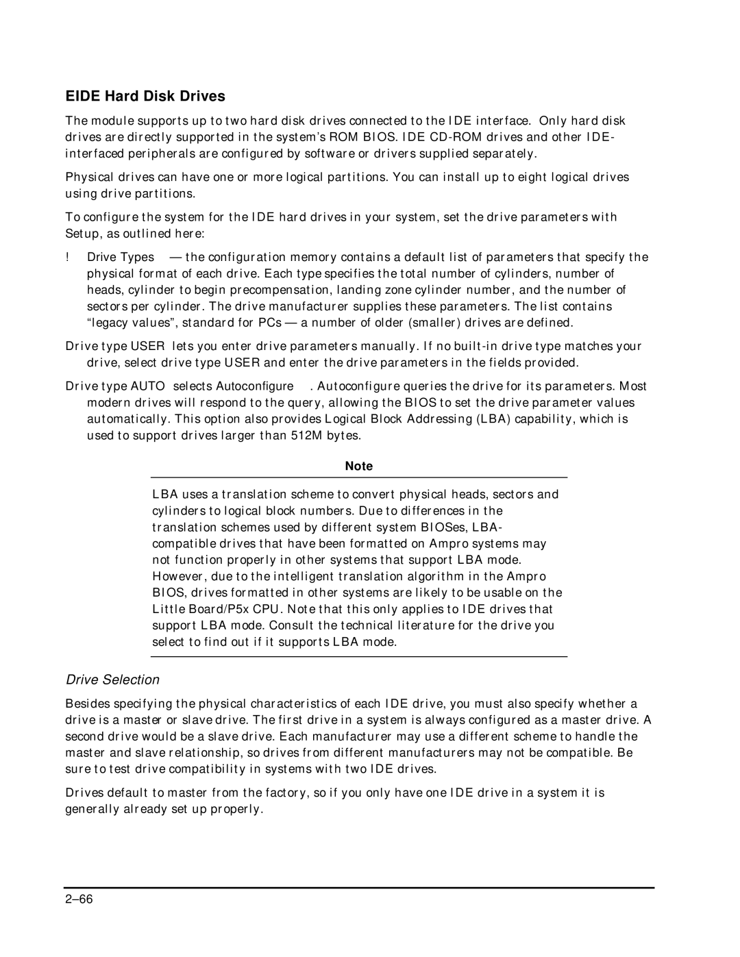 Ampro Corporation P5X manual Eide Hard Disk Drives, Drive Selection 