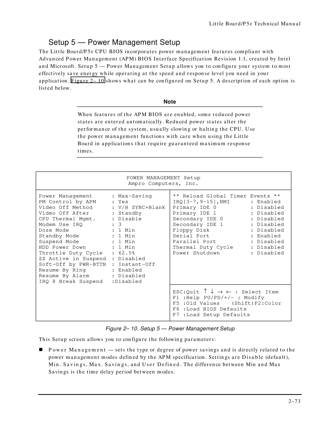 Ampro Corporation P5X manual Setup 5 Power Management Setup, Irq 