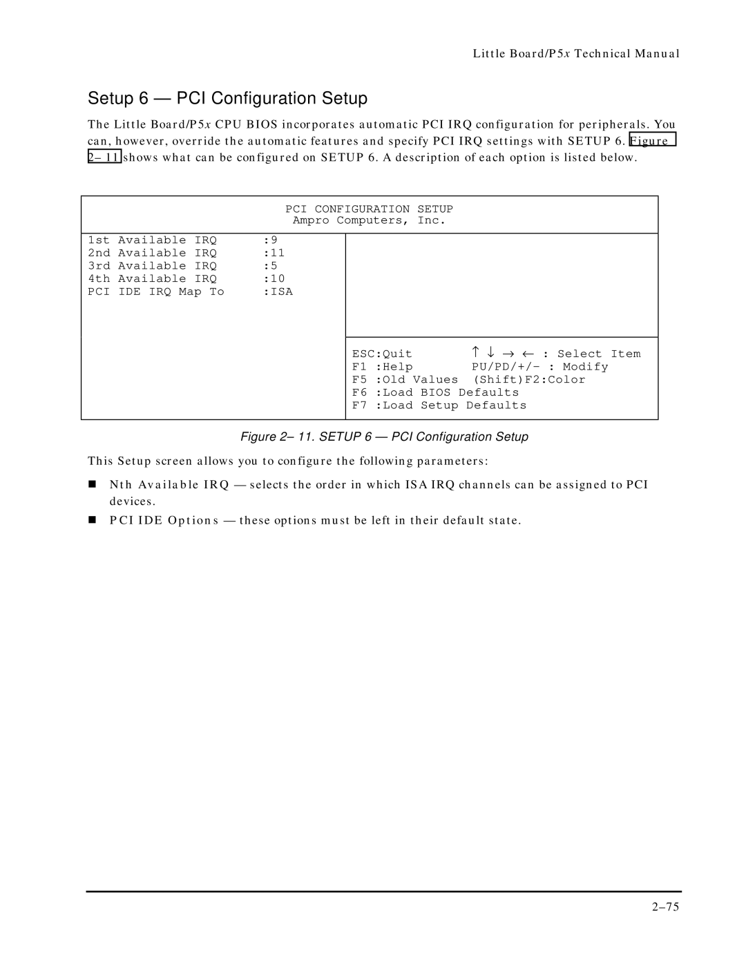 Ampro Corporation P5X manual Setup 6 PCI Configuration Setup, Isa 