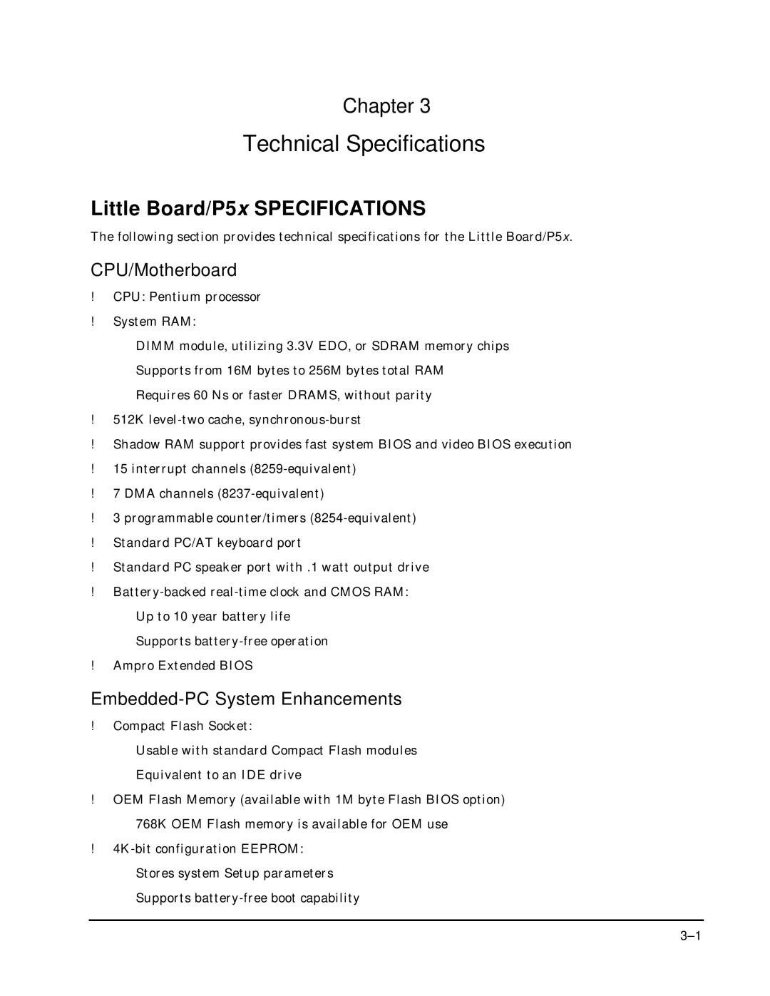 Ampro Corporation P5X manual Little Board/P5x Specifications, CPU/Motherboard, Embedded-PC System Enhancements 