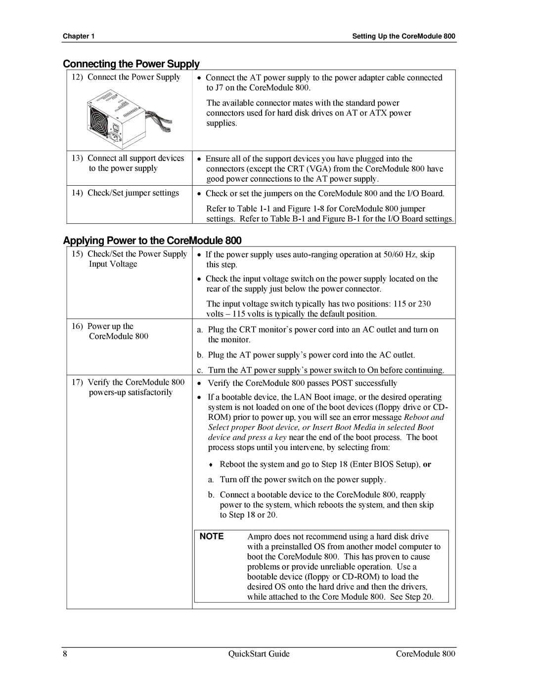 Ampro Corporation PCI-104 quick start Connecting the Power Supply, Applying Power to the CoreModule 