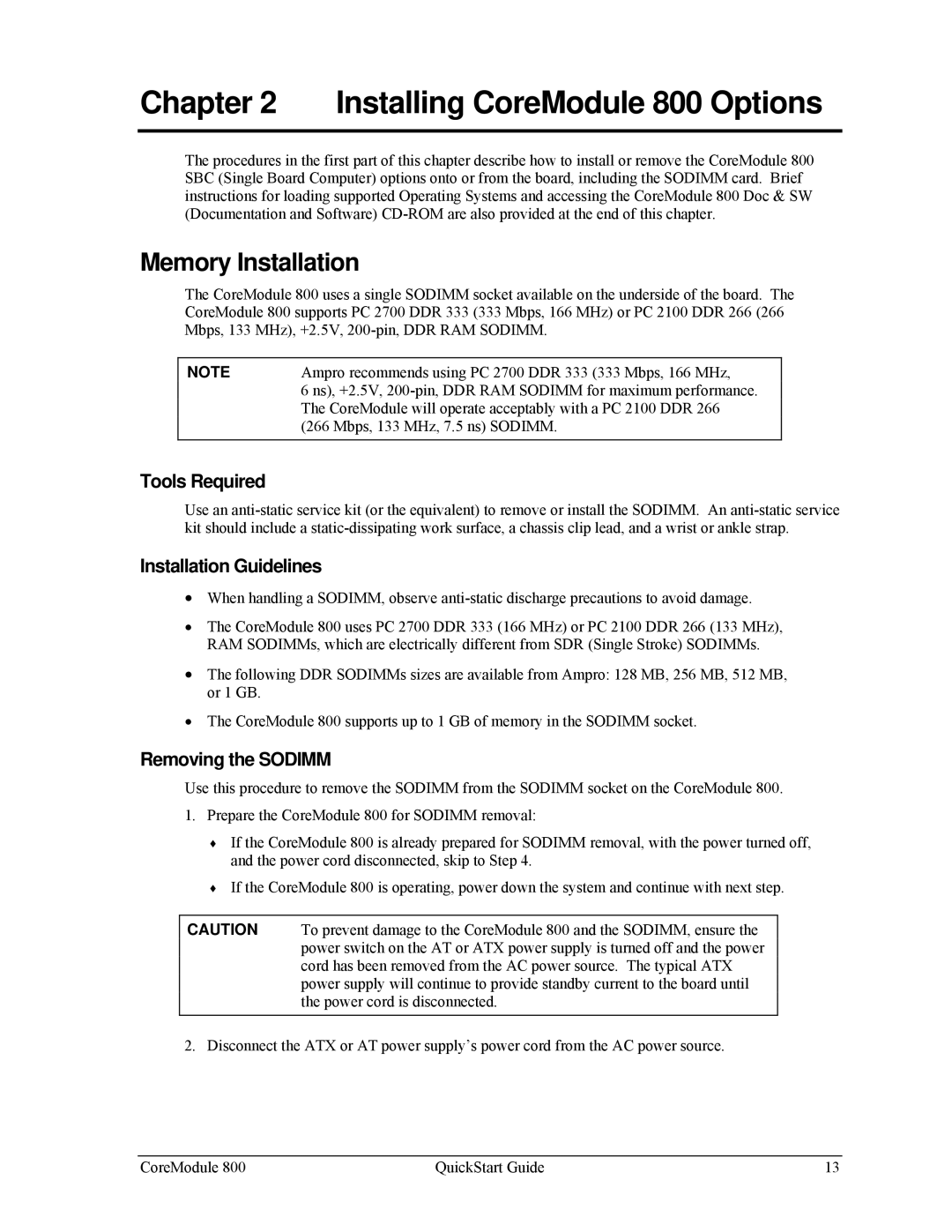 Ampro Corporation PCI-104 Installing CoreModule 800 Options, Tools Required, Installation Guidelines, Removing the Sodimm 