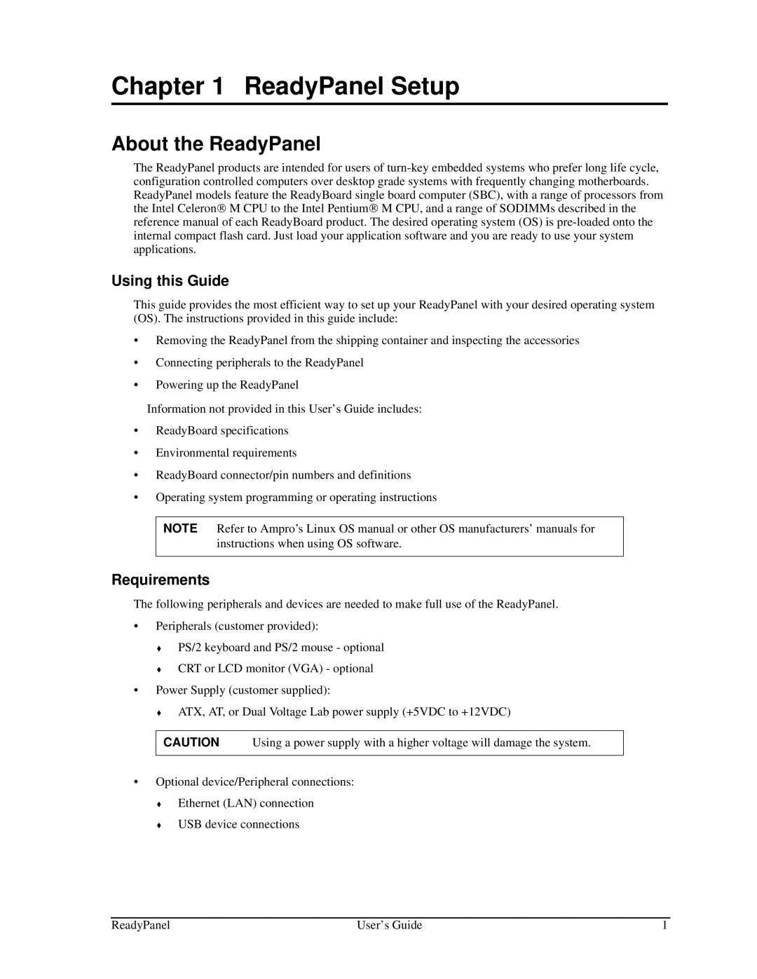 Ampro Corporation P/N 5001795A REV A manual ReadyPanel Setup, Using this Guide, Requirements 