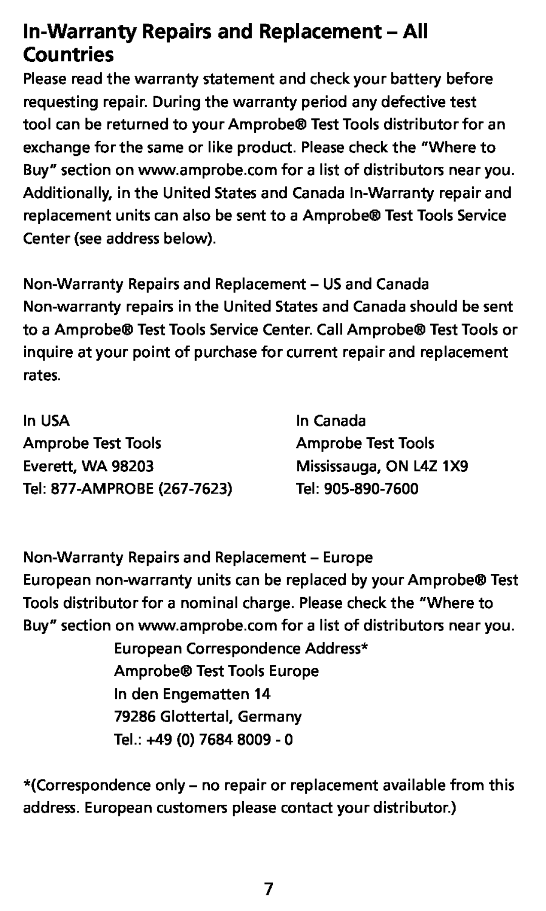 Ampro Corporation THWD-3, TH-3 user manual In-Warranty Repairs and Replacement - All Countries 