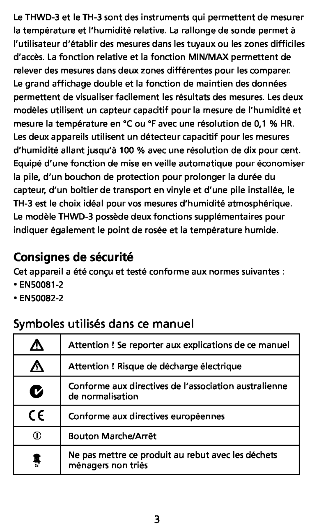 Ampro Corporation THWD-3, TH-3 user manual Consignes de sécurité, Symboles utilisés dans ce manuel 