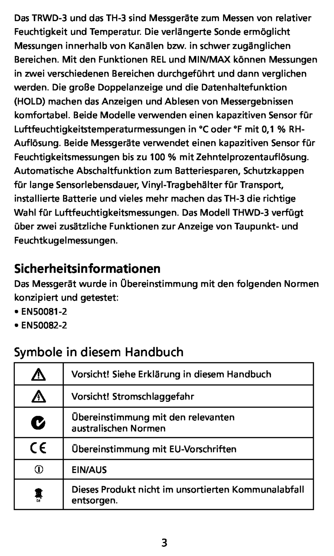 Ampro Corporation THWD-3, TH-3 user manual Sicherheitsinformationen, Symbole in diesem Handbuch 
