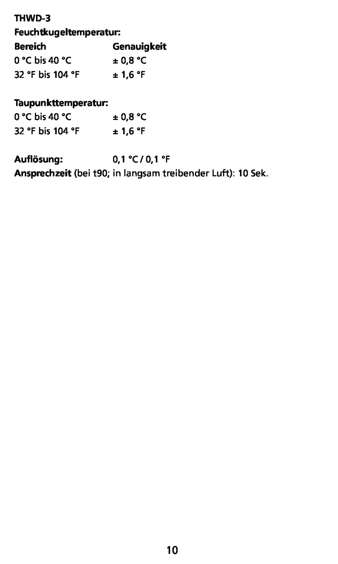 Ampro Corporation TH-3 user manual THWD-3 Feuchtkugeltemperatur, Bereich, Genauigkeit, Taupunkttemperatur, Auflösung 