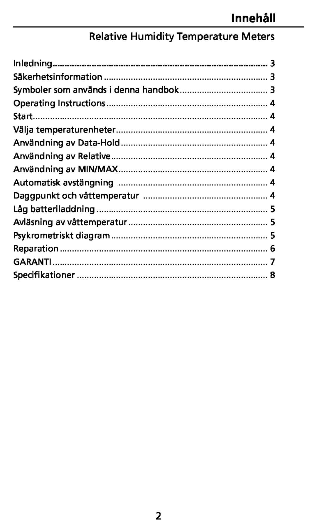 Ampro Corporation TH-3, THWD-3 user manual Innehåll, Relative Humidity Temperature Meters, Inledning 