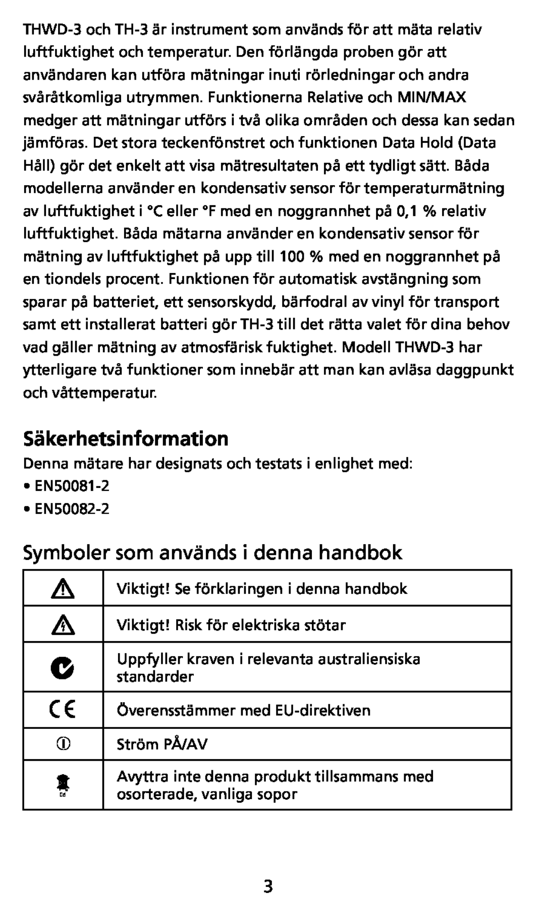 Ampro Corporation THWD-3, TH-3 user manual Säkerhetsinformation, Symboler som används i denna handbok 