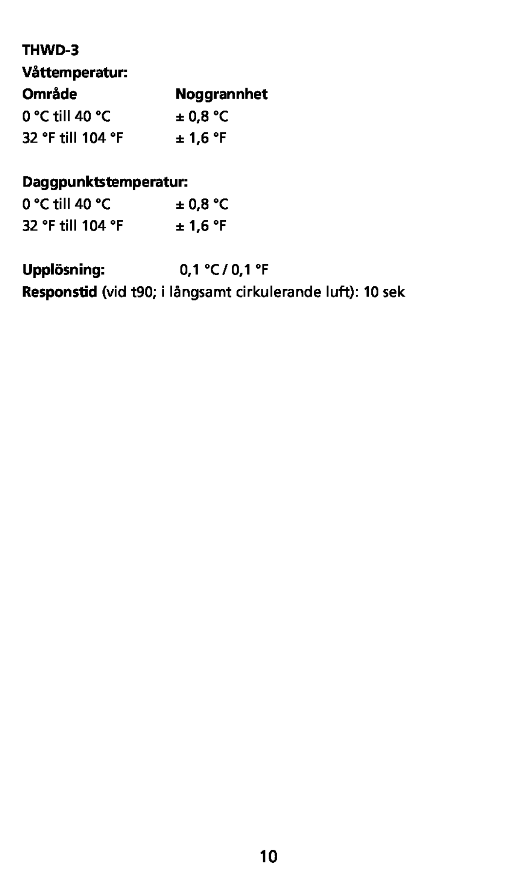 Ampro Corporation TH-3 user manual THWD-3, Våttemperatur, Område, Noggrannhet, Daggpunktstemperatur, Upplösning 