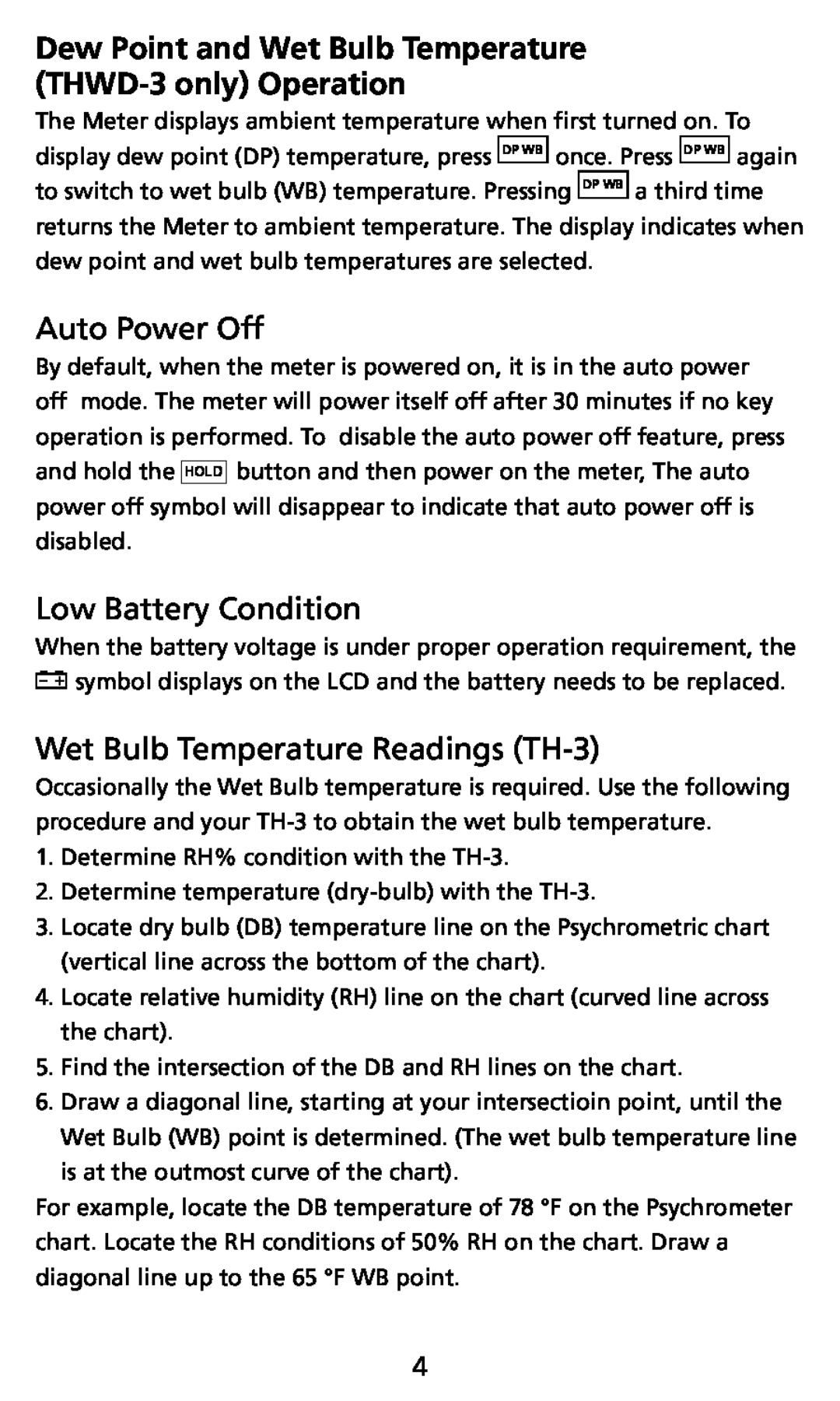 Ampro Corporation THWD-3 user manual Auto Power Off, Low Battery Condition, Wet Bulb Temperature Readings TH-3 