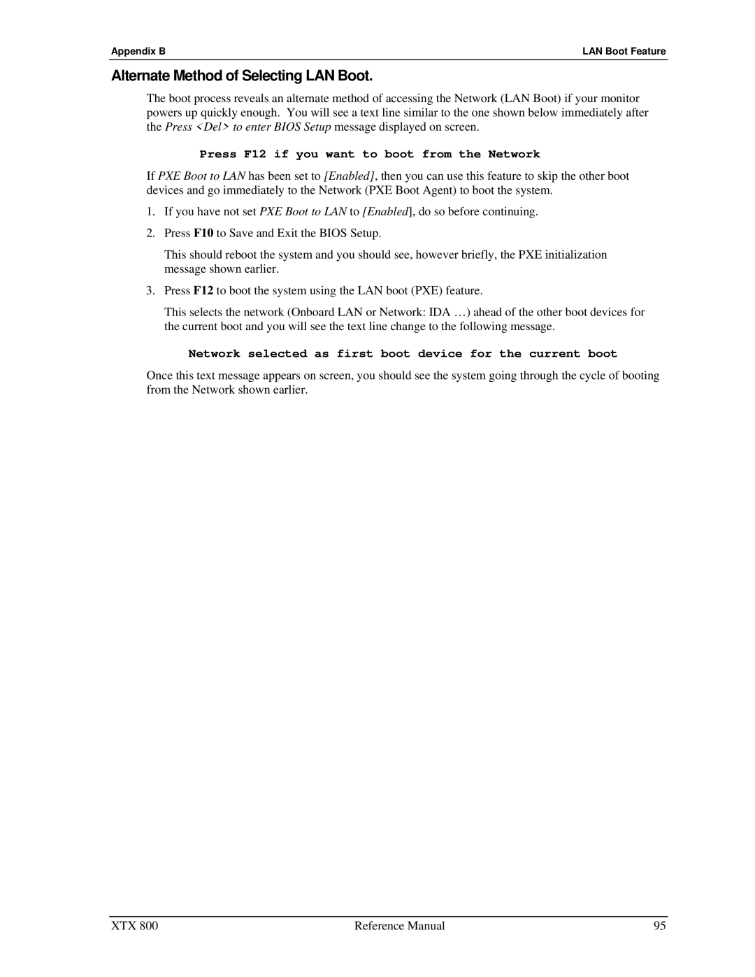 Ampro Corporation XTX 820 manual Alternate Method of Selecting LAN Boot, Press F12 if you want to boot from the Network 