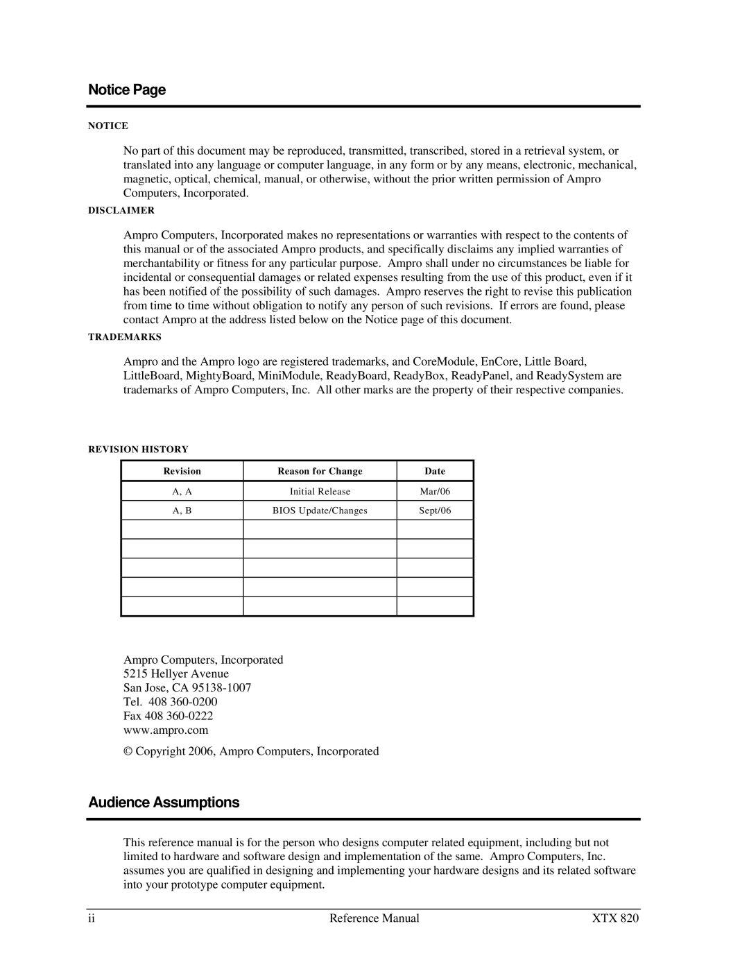 Ampro Corporation XTX 820 manual Audience Assumptions 