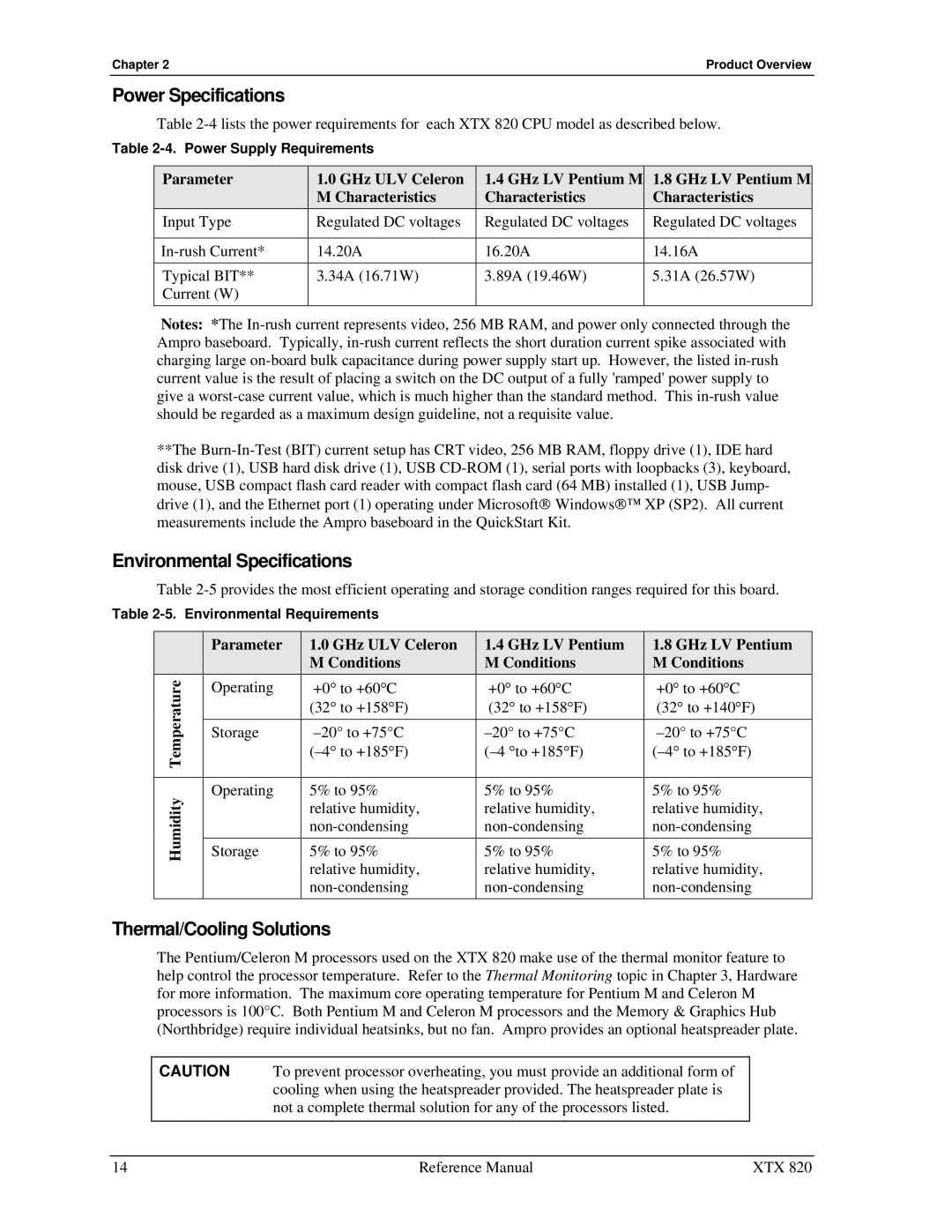 Ampro Corporation XTX 820 manual Power Specifications, Environmental Specifications, Thermal/Cooling Solutions, Humidity 