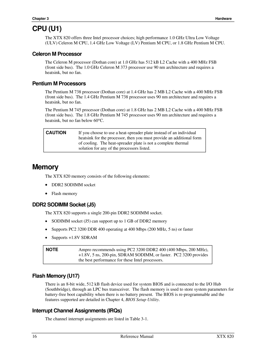 Ampro Corporation XTX 820 manual CPU U1, Memory 