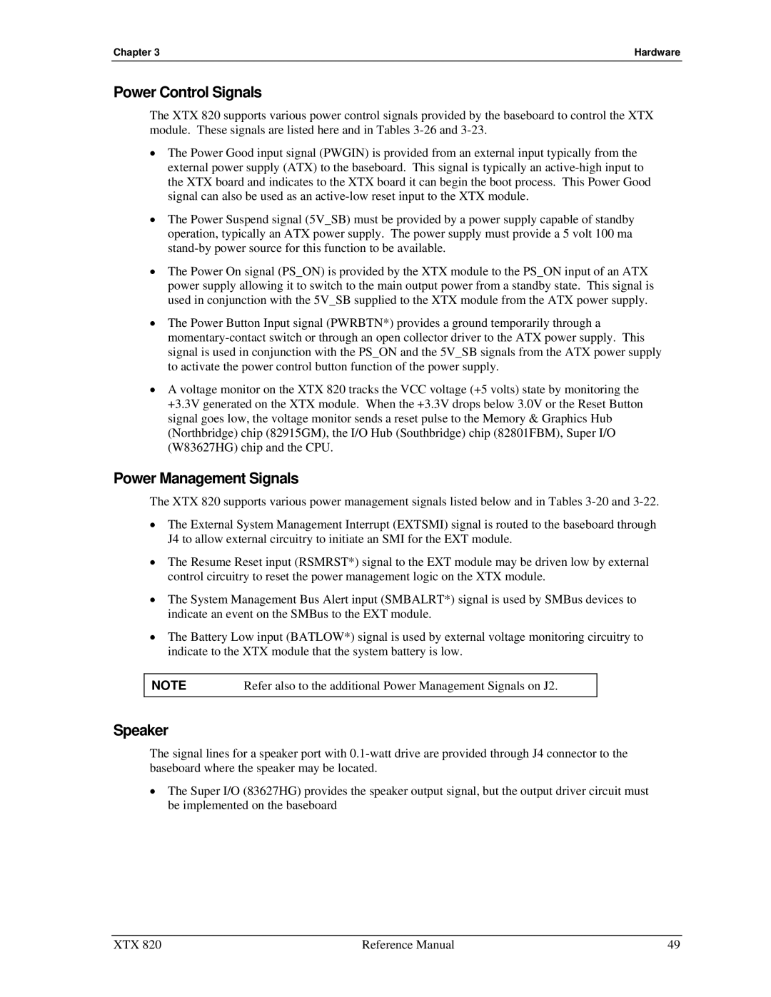 Ampro Corporation XTX 820 manual Power Control Signals, Power Management Signals, Speaker 