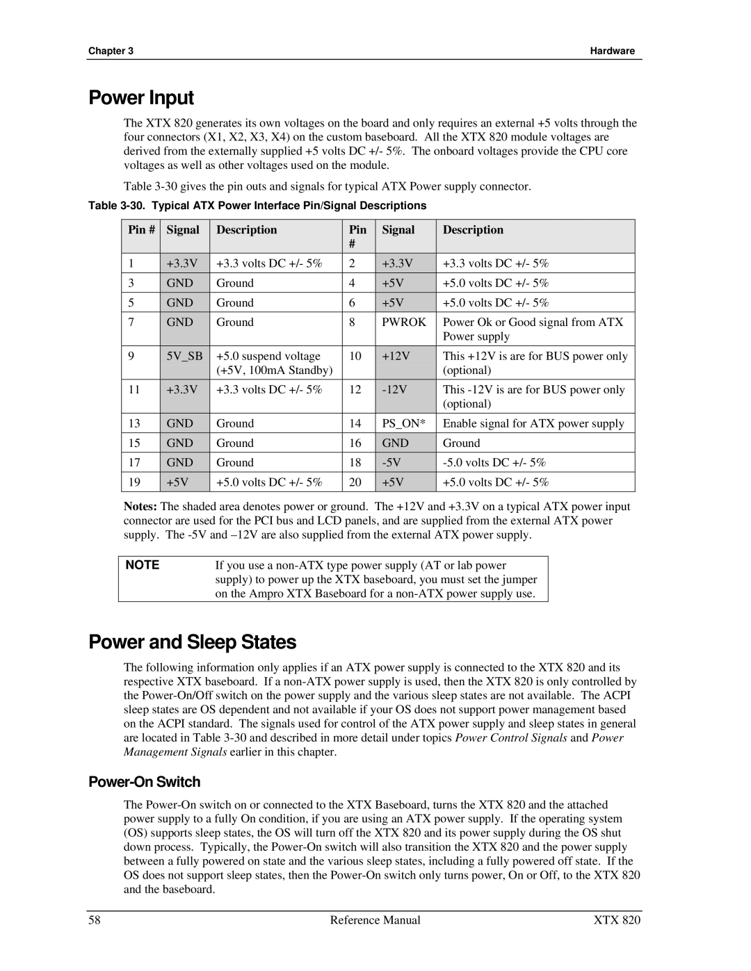 Ampro Corporation XTX 820 manual Power Input, Power and Sleep States, Power-On Switch, Pwrok 