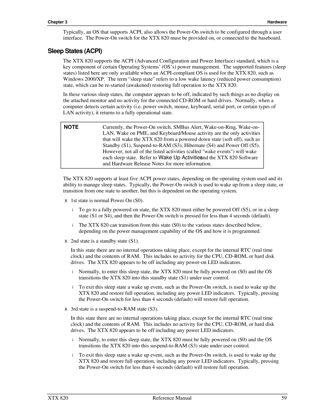 Ampro Corporation XTX 820 manual Sleep States Acpi 